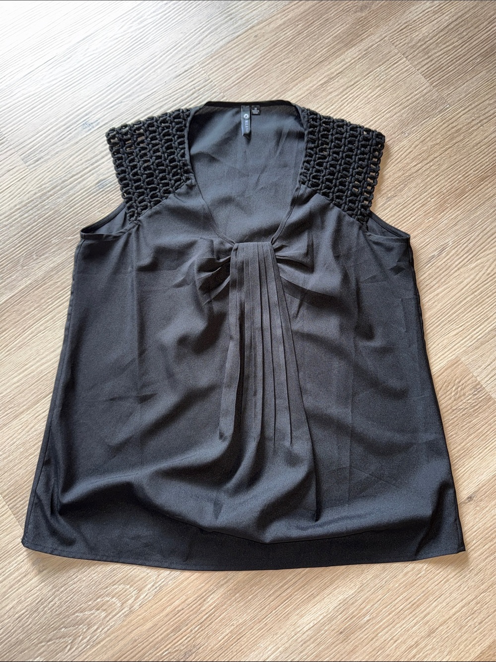 MILANO Black Crochet Shoulder Pleated Front Camisole Sleeveless Tank Top Shirt